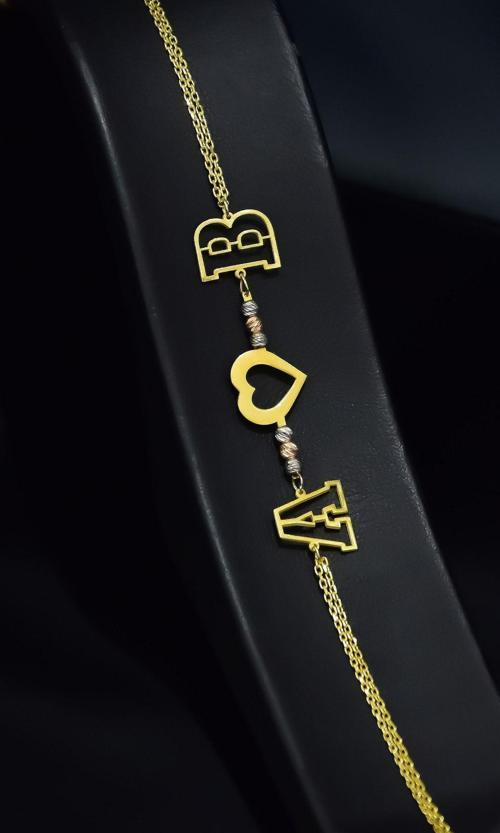 925 Ayar Gümüş Gold Kaplama Dorika Toplu Harfli, Kalp Bileklik