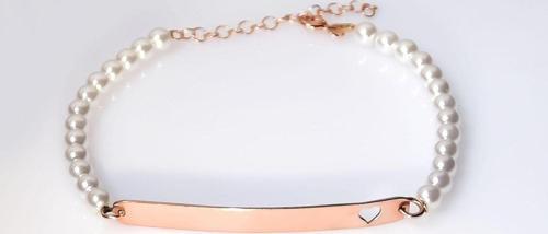 925 Ayar Gümüş Rose Kaplama Kalpli Plaka Incili Bileklik