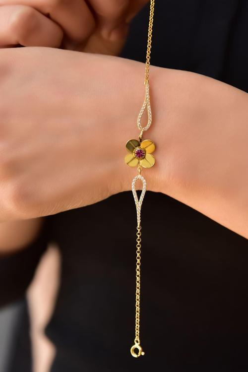 925 Ayar Gümüş Gold Kaplama Ekim Doğum Taşlı Şans Dört Yapraklı Yonca Bileklik
