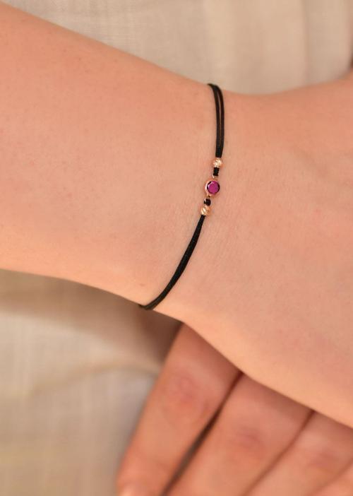 925 Ayar Gümüş Koyu Pembe Zirkon Taşlı Siyah Ipli Bileklik