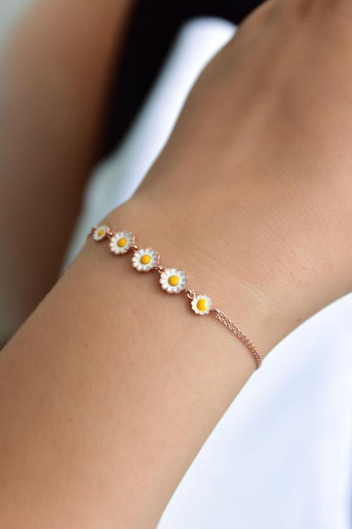925 Ayar Gümüş Rose Kaplama Mineli Papatya Kadın Bileklik