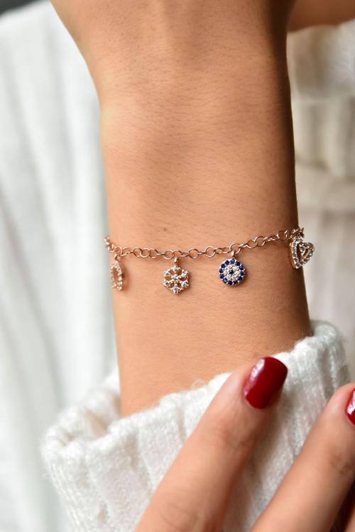 925 Ayar Gümüş Rose Kaplama Taşlı Şans Bileklik