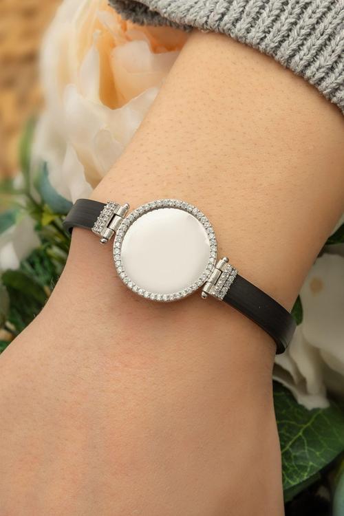 Deri Kordonlu Zirkon Halka Bileklik 925 Ayar Gümüş