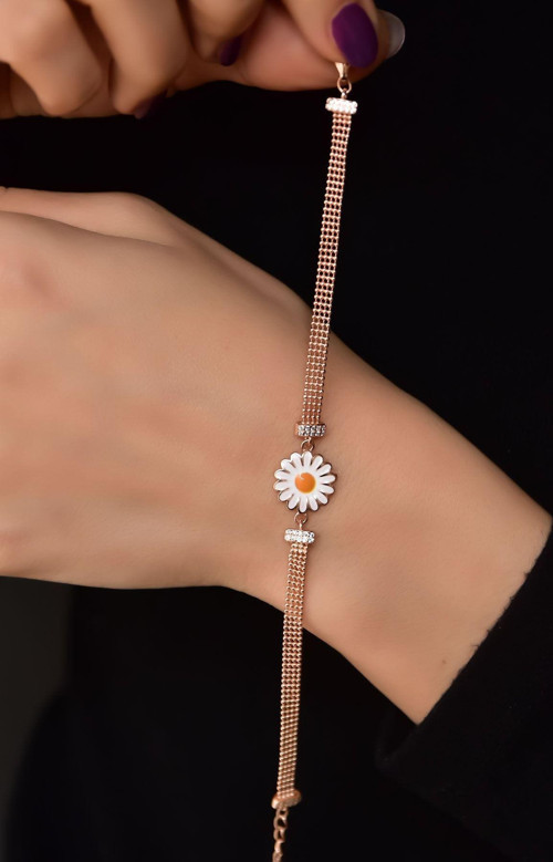 925 Ayar Gümüş Rose Kaplama Top Zincirli Mineli Papatya Bileklik