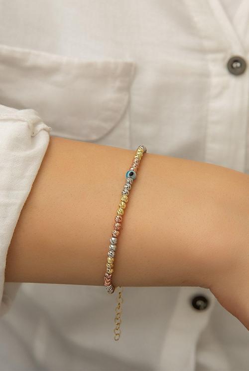 Dorica Toplu Nazar Gözlü Üç Renkli 925 Ayar Gümüş Bileklik - Uvps200119