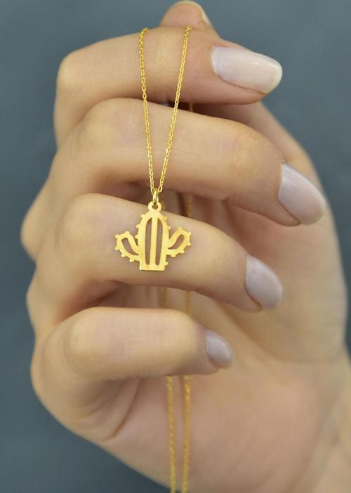 925 Ayar Altın Kaplama Plaka Kesim Gümüş Kaktüs Kolye