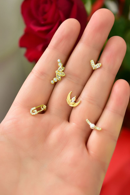Çelik Üç Renkli 5'li Kombinli Tragus Küpe Model16