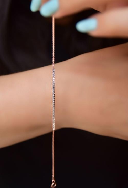 925 Ayar Gümüş Rose Kaplama Zirkon Taşlı Su Yolu Bileklik