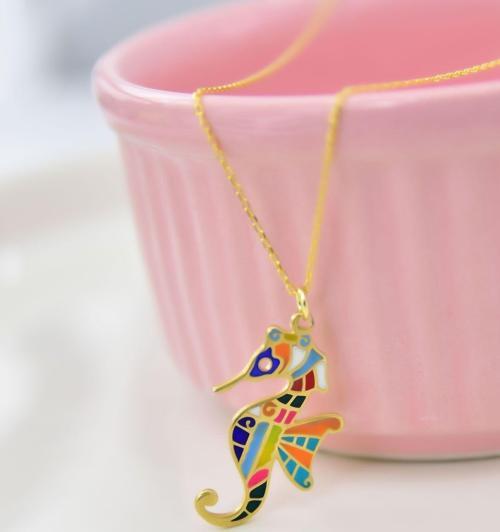 925 Ayar Gümüş Altın Kapla Renkli Mineli Denizatı Kolye