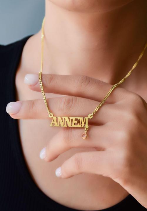 925 Ayar Gümüş Altın Kaplama Annem Yazılı Gurmet Zincir Kadın Kolye