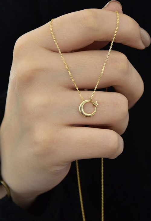 925 Ayar Gümüş Altın Kaplama Ay Yıldız Kolye