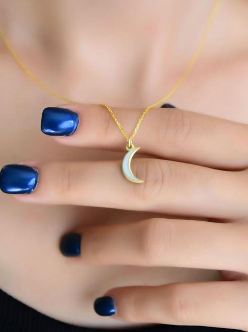 925 Ayar Gümüş Altın Kaplama Beyaz Mineli Hilal Kadın Kolye