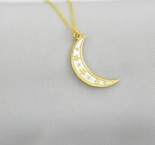 925 Ayar Gümüş Altın Kaplama Beyaz Mineli Yıldızlı Ay Kolye