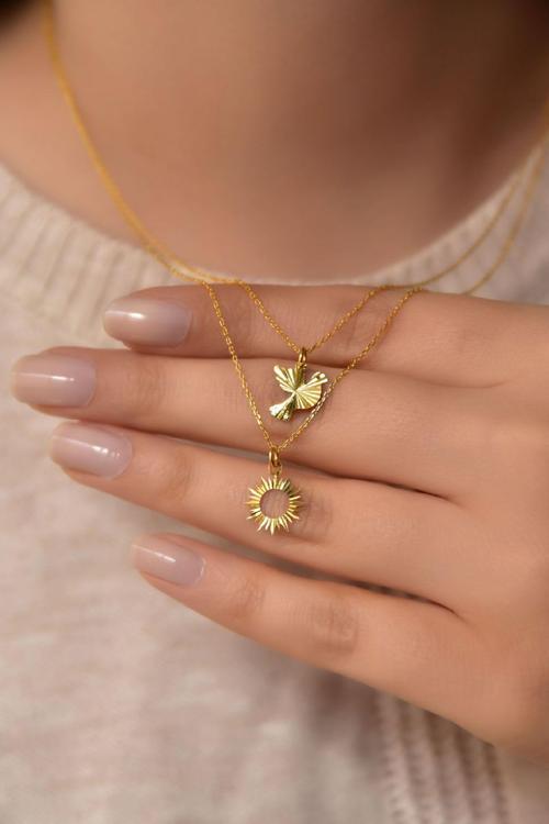 925 Ayar Gümüş Altın Kaplama Kristal Kesim Kuş Ve Güneş Asansörlü Kolye