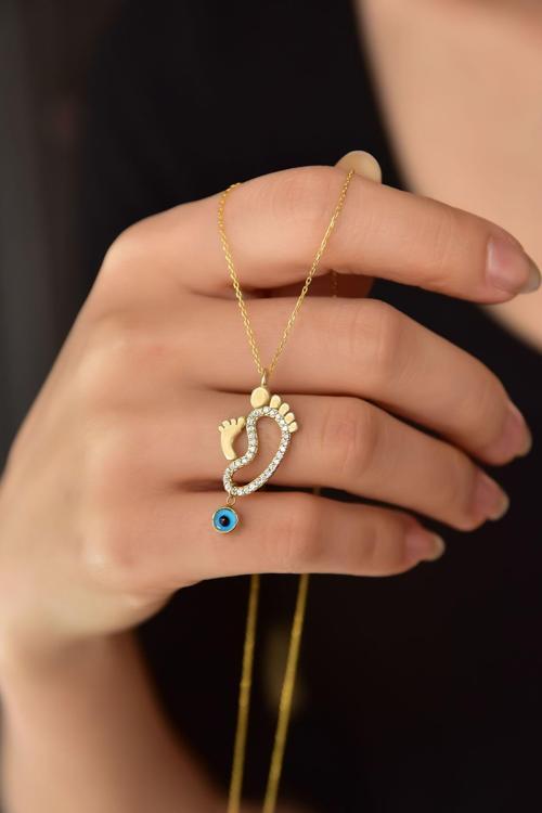 925 Ayar Gümüş Gold Kaplama Cam Gözlü Anne Çocuk Ayak Izi Kadın Kolye