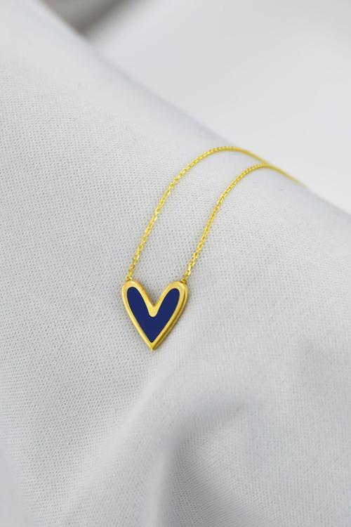 925 Ayar Gümüş Altın Kaplama Lacivert Oval Mineli Kalp Kolye