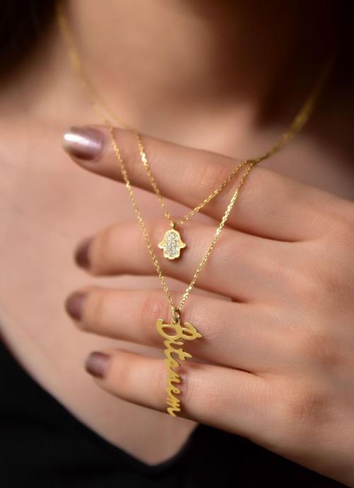 925 Ayar Gümüş Altın Kaplama Fatma Ana Eli Ve Bitanem Yazılı Asansörlü Kolye