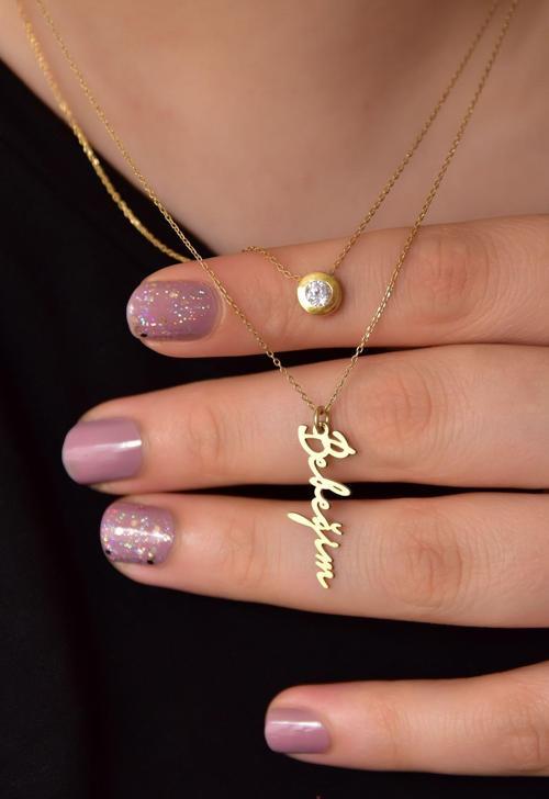 925 Ayar Gümüş Altın Kaplama Tektaş Ve Bebeğim Yazlı Asansörlü Kolye