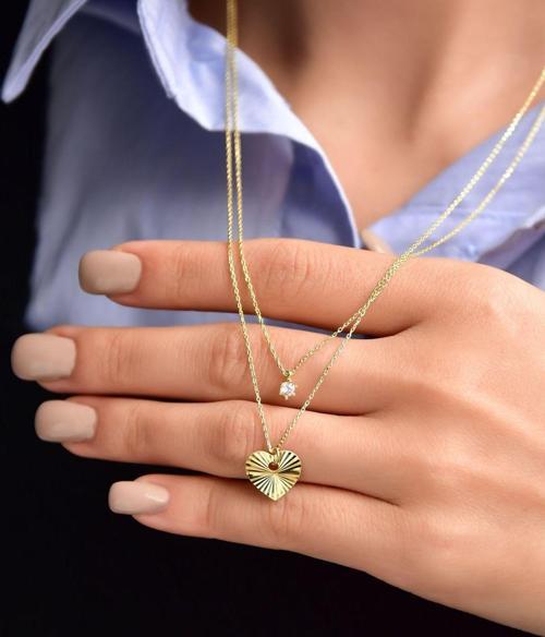 925 Ayar Gümüş Altın Kaplama Tektaş Ve Kristal Kalp Asansör Kolye