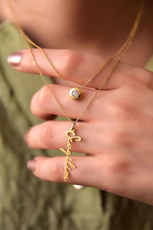 925 Ayar Gümüş Altın Kaplama Tektaş Ve Sevgilim Yazılı Asansörlü Kolye