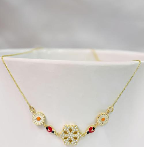 925 Ayar Gümüş Gold Kaplama Mineli Papatya Uğur Böceği Kar Tanesi Kolye