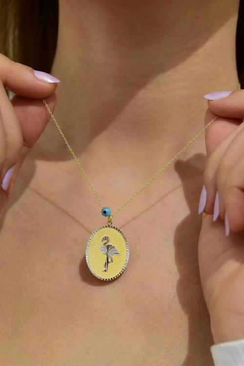 925 Ayar Gümüş Gold Kaplama Gözlü Flamingo Plaka Kolye