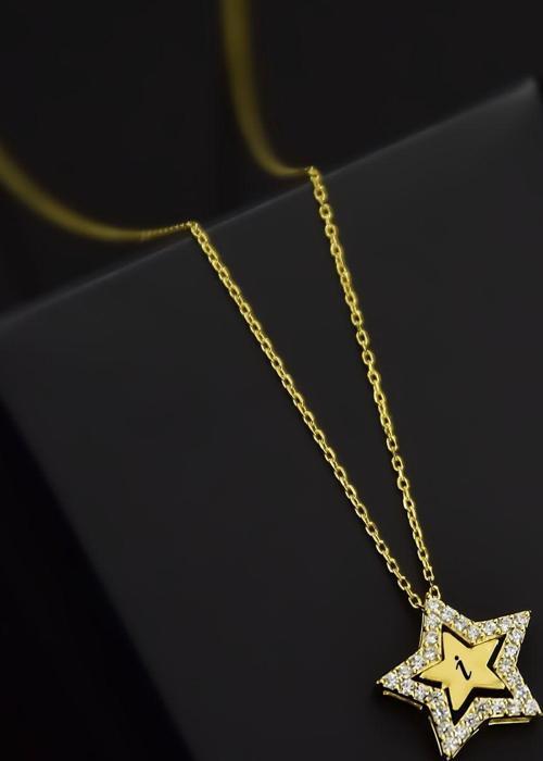 925 Ayar Gümüş Gold Kaplama Montür Içi Harfli Yıldız Kolye