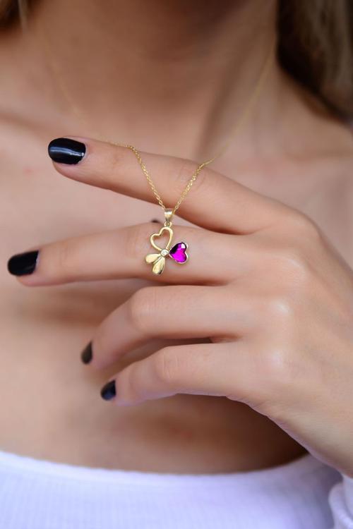 925 Ayar Gümüş Altın Kaplama Renk Geçişli Üç Kalp Tasarım Kolye