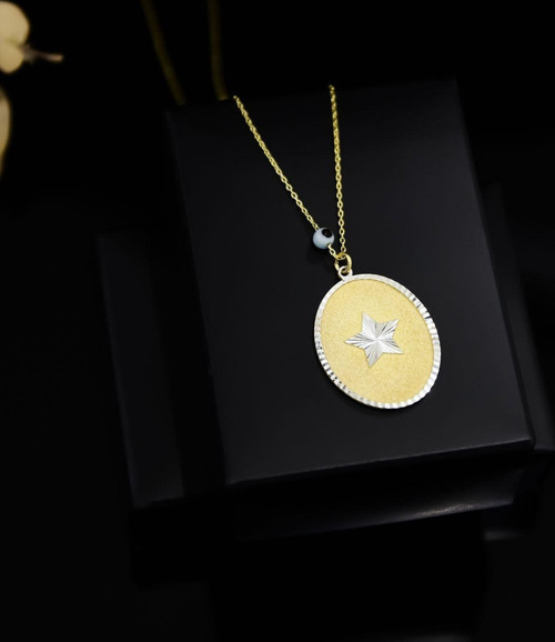 925 Ayar Gümüş Gold Kaplama Gözlü Yıldız Plaka Kolye