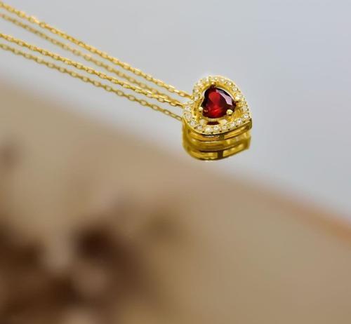 925 Ayar Gümüş Gold Kaplama Ocak Ayı Doğum Taşı Kalp Montür Kolye