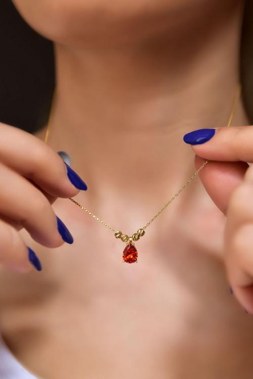 925 Ayar Gümüş Gold Kaplama Turuncu Damla Kenarları Çift Dorica Toplu Kolye