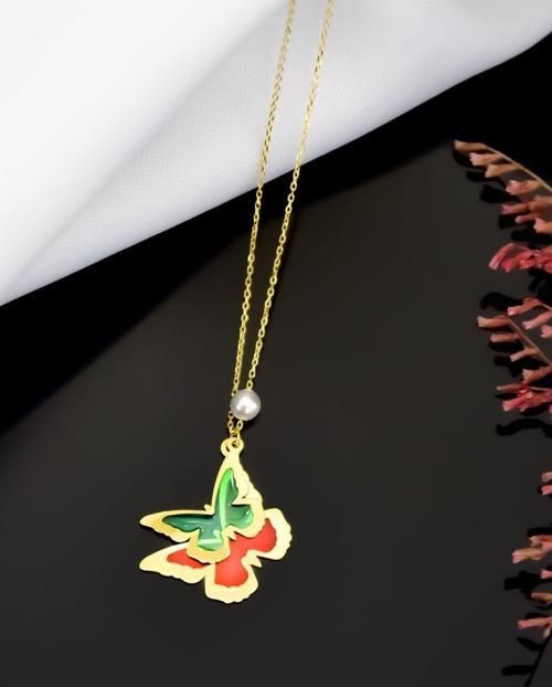925 Ayar Gümüş Gold Kaplama Incili Rüya Serisi Ebruli Cam Boyalı Ikili Kelebek Kolye