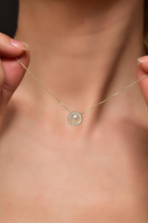 925 Ayar Gümüş Gold Kaplama Incili Yuvarlak Kolye