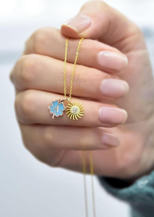 925 Ayar Gümüş Gold Kaplama Yonca Mineli A Harfli Güneş Kolye