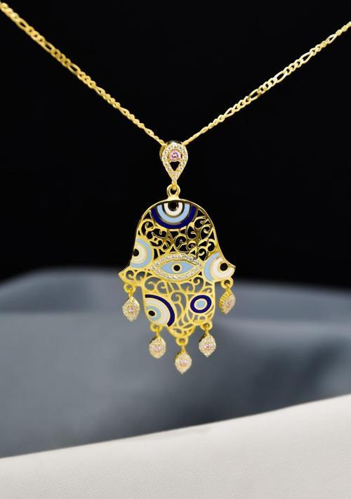 925 Ayar Gümüş Gold Kaplama Zirkon Pembe Taşlı Nazar Gözlü Mineli Fatma Eli Kolye