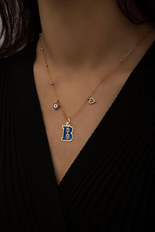 925 Ayar Gümüş Gold Kaplama Parlayan Rüya Serisi Tasarım Lacivert Ebruli Cam Boyalı Harf, Şans Kolye