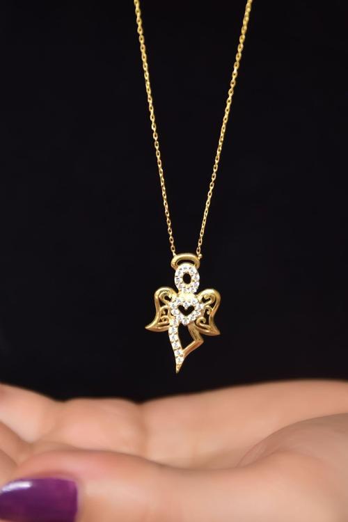 925 Ayar Gümüş Gold Kaplama Zirkon Taşlı Kalpli Melek Kolye