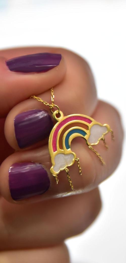 925 Ayar Gümüş Gold Kaplama Parlayan Rüya Serisi Tasarım Mineli Sallantılı Gökkuşağı Kolye