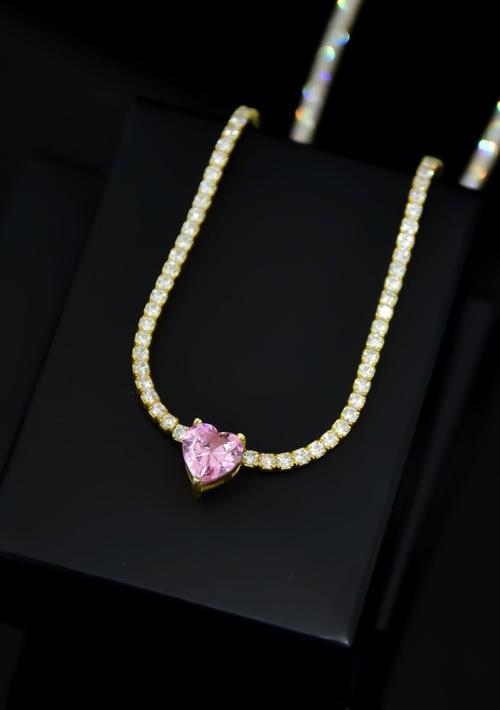 925 Ayar Gümüş Gold Kaplama Zirkon Taşlı Su Yolu, Tek Taş Kalp Kolye