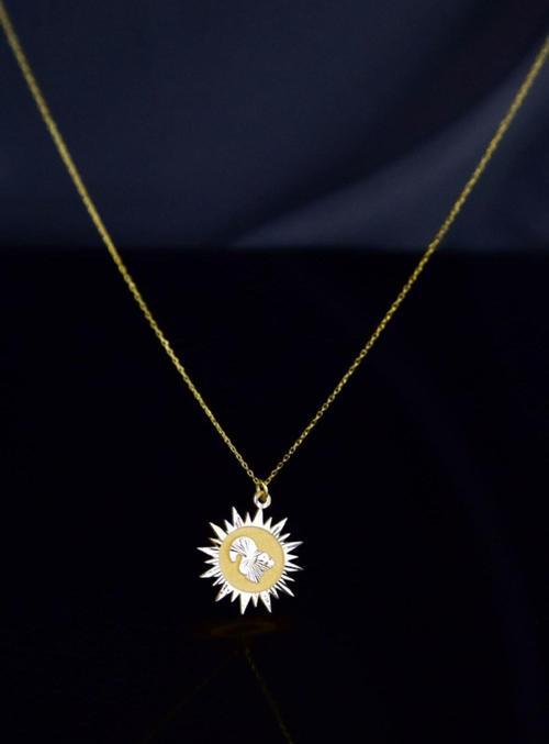 925 Ayar Gümüş Gold Rodyum Kaplama Fındık Kurdu Kristal Kesim Güneş Plaka Kolye