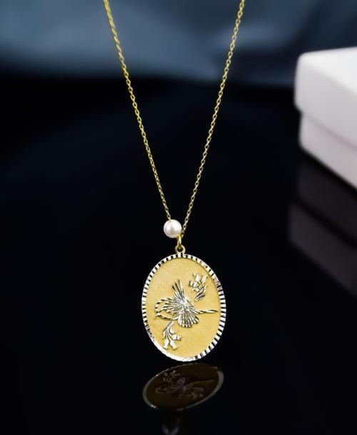 925 Ayar Gümüş Gold Rodyum Kaplama Incili Osmanlı Tuğrası Ve Lale Desenli Plaka Kolye
