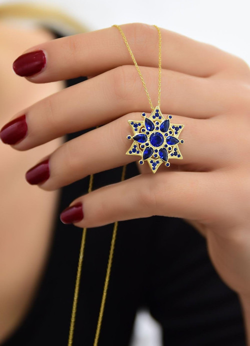 925 Ayar Gümüş Gold Kaplama Safir Kamelya Çiçeği Kolye