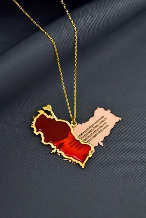 925 Ayar Gümüş Gold-Rose Kaplama Rüya Serisi Cam Boyalı İstiklal Marşı, Türkiye Haritası Kolye
