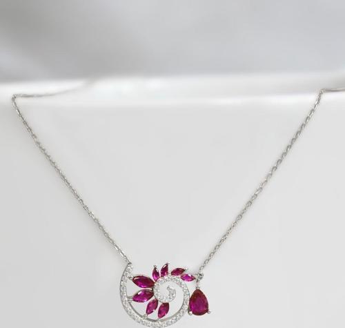 925 Ayar Gümüş Rodyum Kaplama Damla Pembe Taşlı Spiral Snail Tasarım Kolye