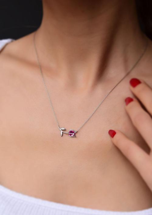 925 Ayar Gümüş Rodyum Kaplama Fuşya Taşlı Lale Kolye