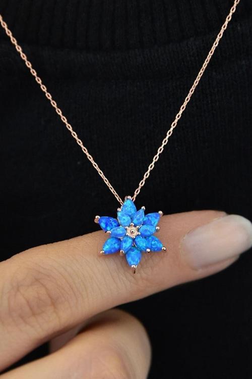 925 Ayar Gümüş Opal Okyanus Mavisi Lotus Kolye
