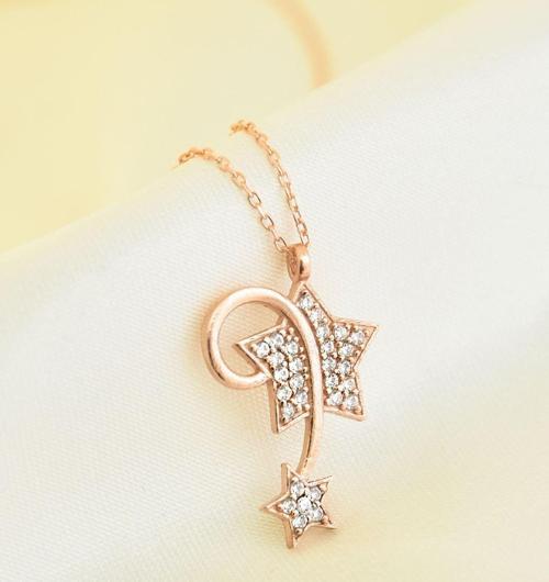 925 Ayar Gümüş Rose Kaplama Beyaz Taşlı Kayan Yıldız Kadın Kolye