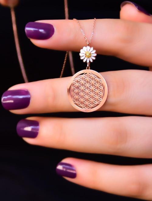 925 Ayar Gümüş Rose Kaplama Papatya Tepelikli Yaşam Çiçeği Kolye