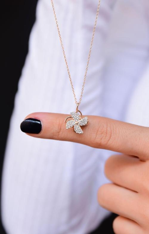 925 Ayar Gümüş Rose Kaplama Rüzgar Gülü Kolye