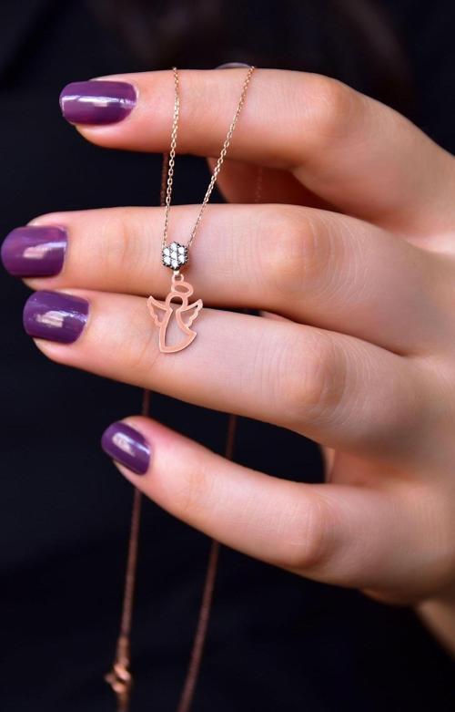 925 Ayar Gümüş Rose Kaplama Elmas Montürlü Melek Kolye